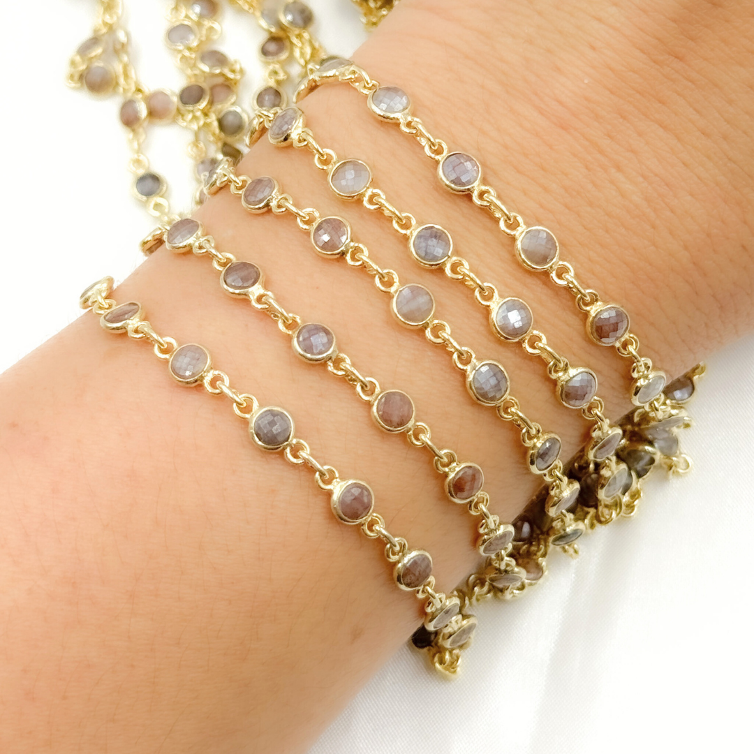 Coated Chocolate Moonstone Round Shape Bezel Gold Plated Wire Chain