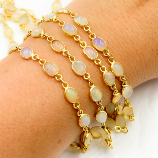 Ethiopian Opal Oval Shape Bezel Gold Plated Silver Wire Chain.