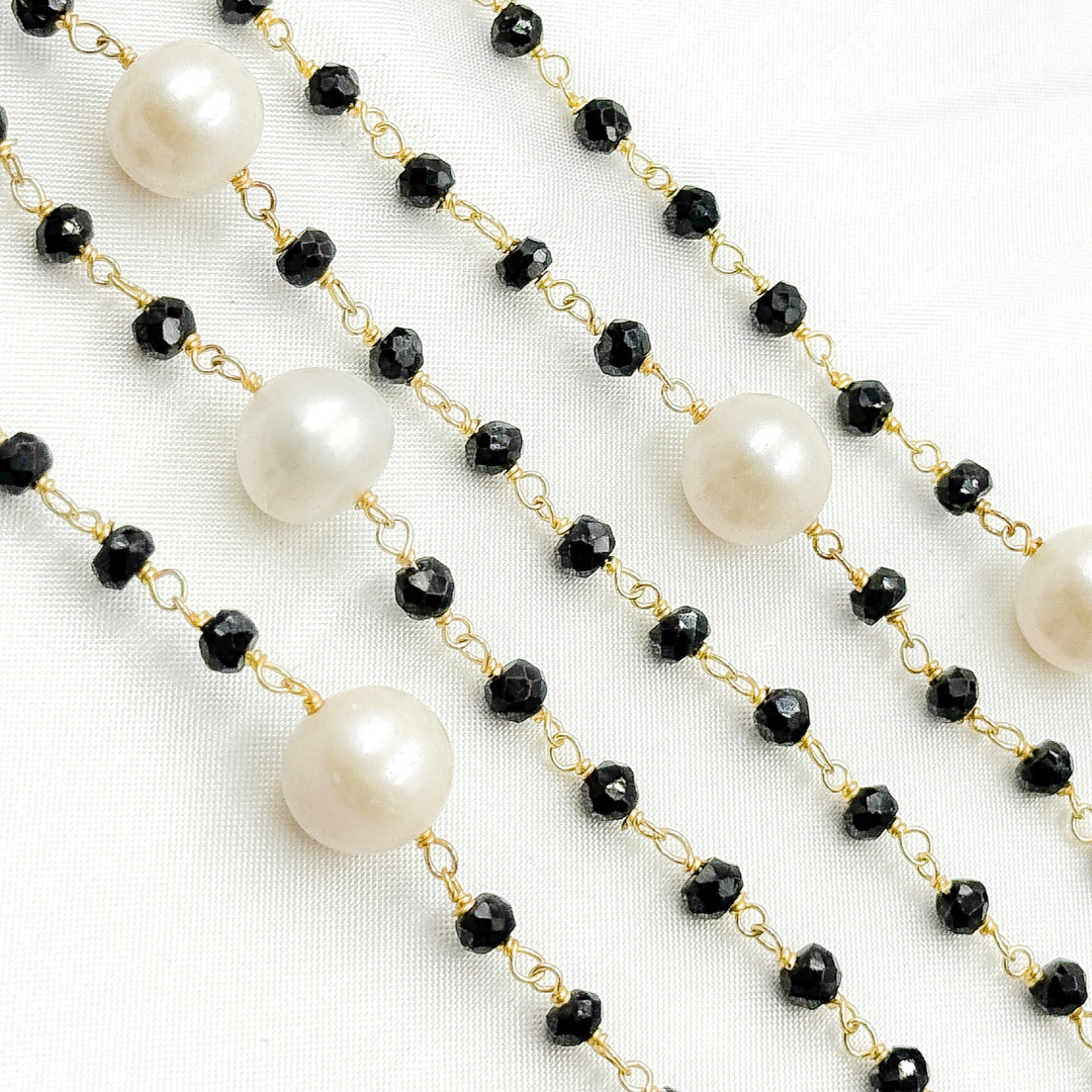 Black Spinel & Pearl Gold Plated 925 Sterling Silver Wire Chain. BSP59