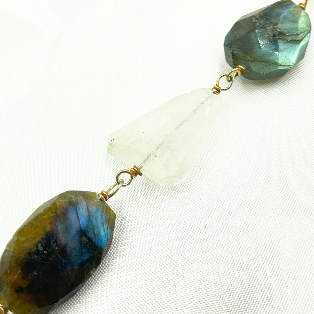 Labradorite & White Rainbow Organic Moonstone Gold Plated Wire Chain. LMS3