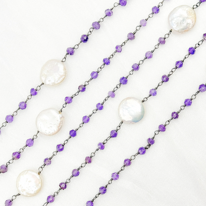 Amethyst & Pearl Round Shape Bezel Oxidized Wire Chain.