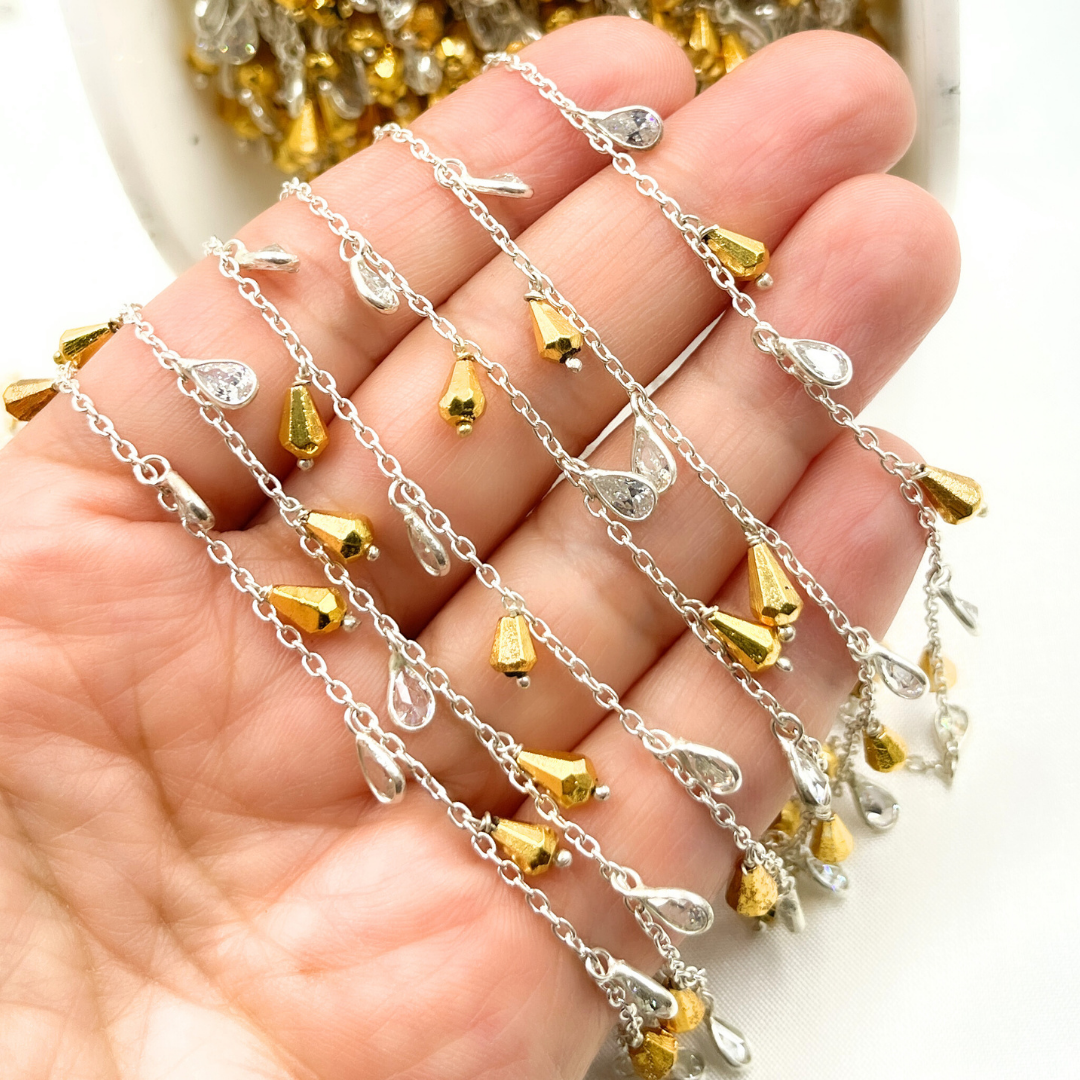 Golden Pyrite Drop & CZ Pear Shape Dangle 925 Sterling Silver Wire Chain.