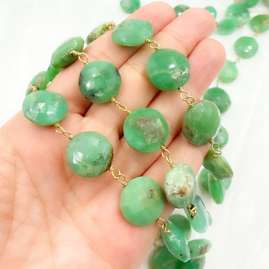 Chrysoprase Coin Shape Gold Plated Wire Chain.