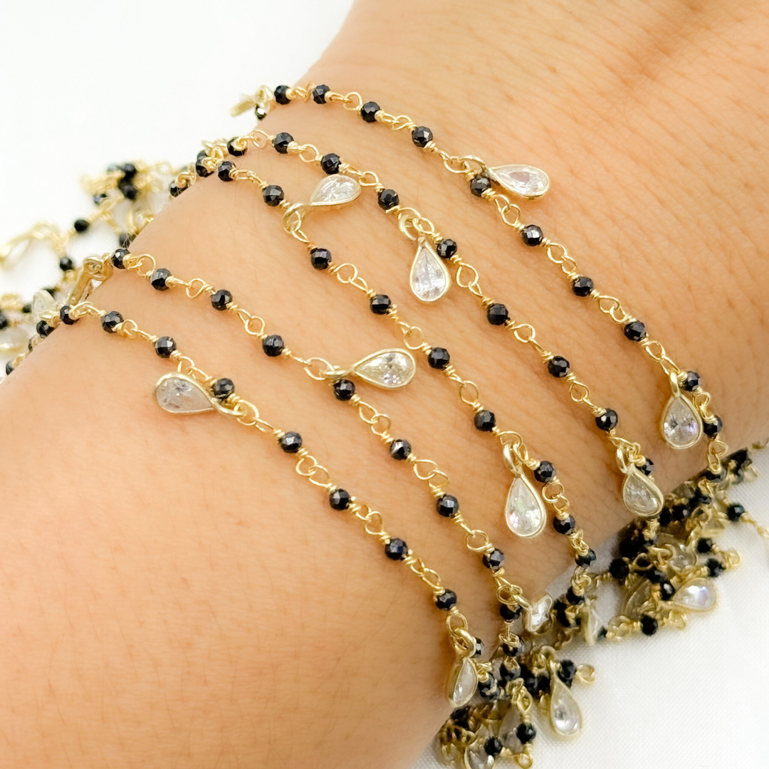 Coated Black Spinel & CZ Dangle Gold Plated Wire Chain