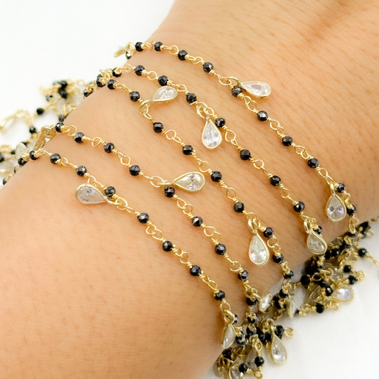 Coated Black Spinel & CZ Dangle Gold Plated Wire Chain