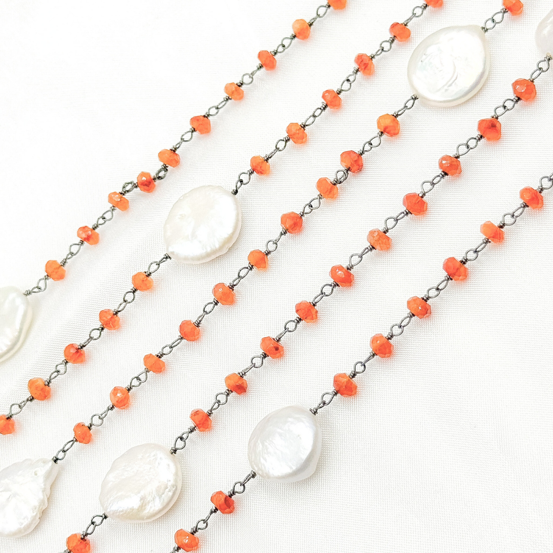 Carnelian & Pearl Round Shape Oxidized Wire Chain.