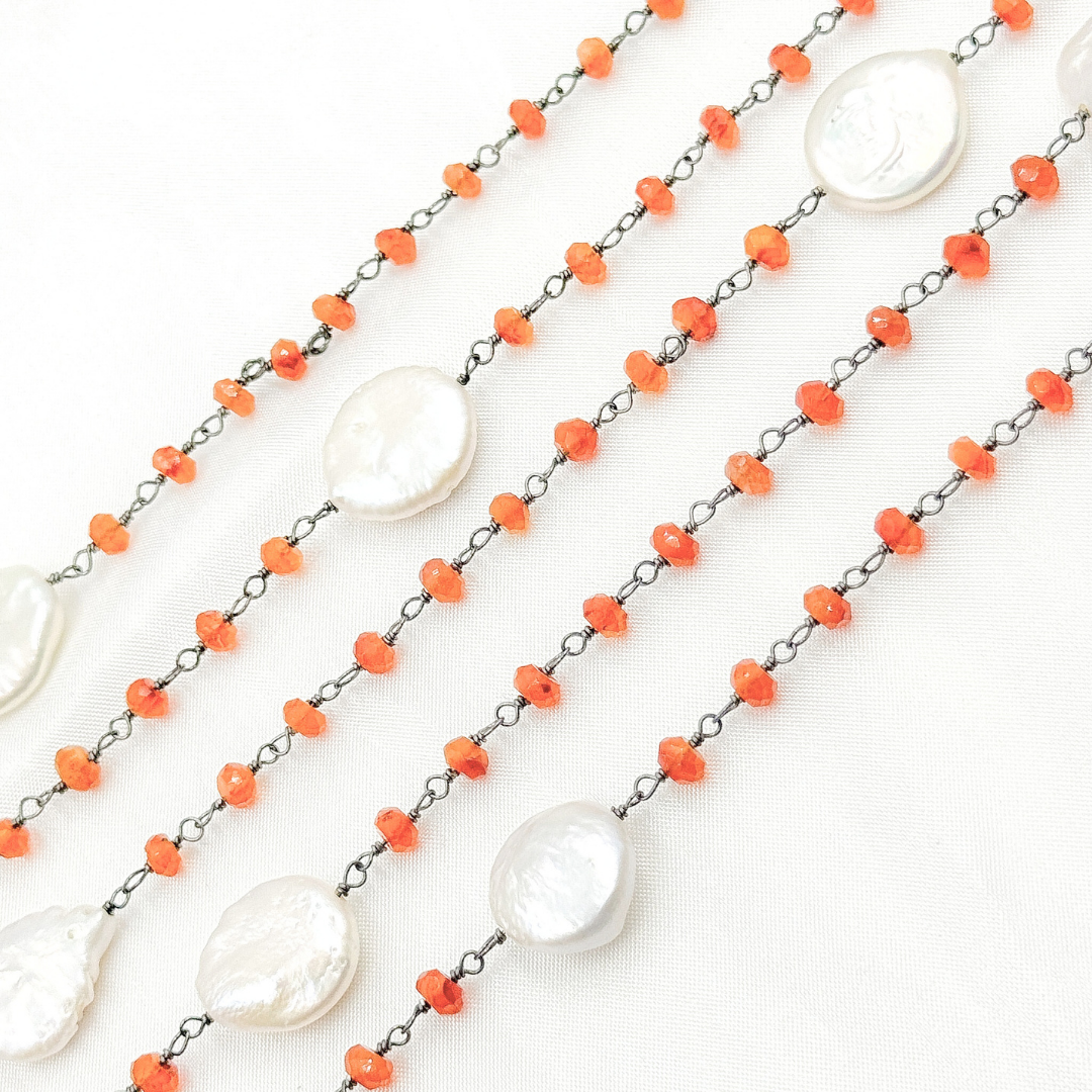 Carnelian & Pearl Round Shape Oxidized Wire Chain. CAR12