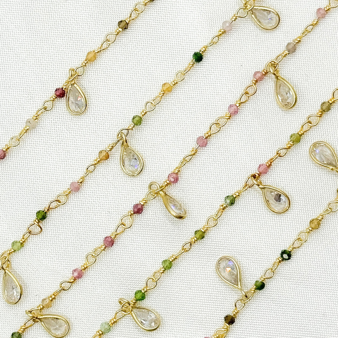Multi Tourmaline & CZ Dangle Gold Plated Wire Chain.