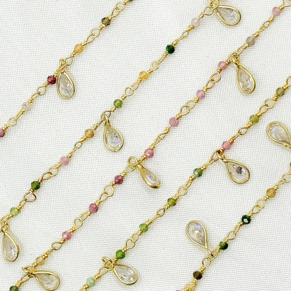 Multi Tourmaline & CZ Dangle Gold Plated Wire Chain.