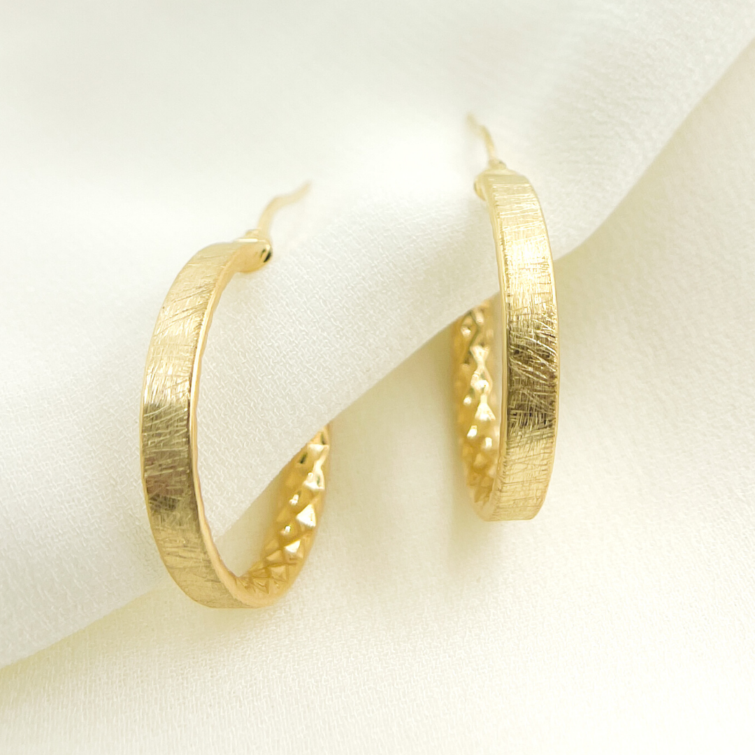 14K Solid Gold Diamond Cut Hoop Earrings with Texture.