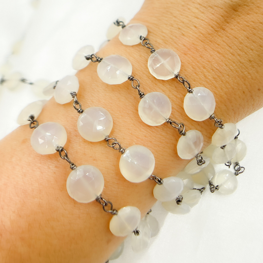 Natural Chalcedony Coin Shape Oxidized Wire Chain