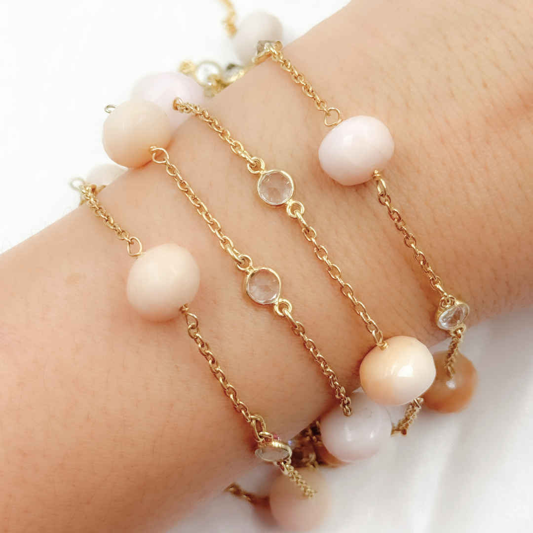 Pink Opal Rondel Shape & White Topaz Gold Plated Connected Wire Chain