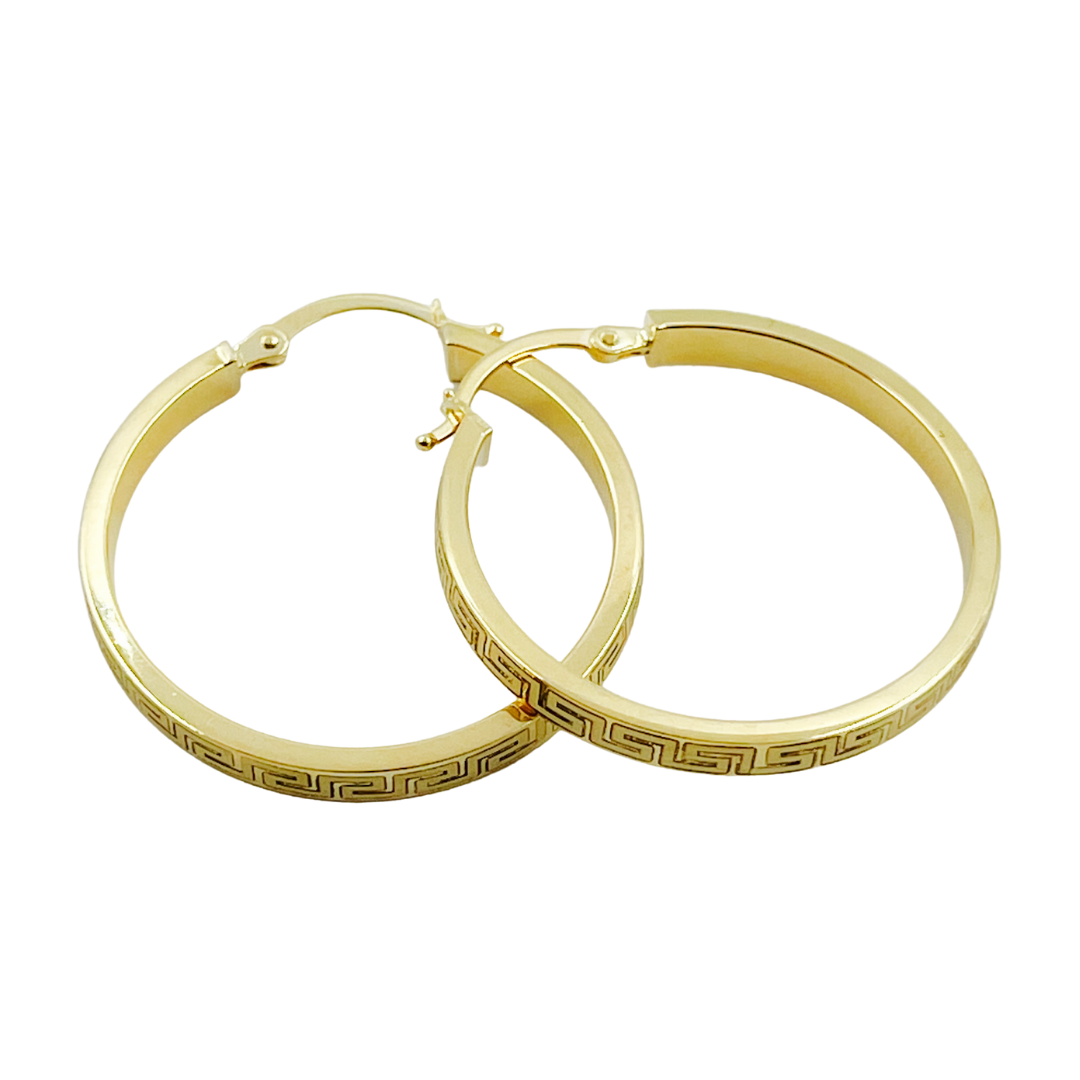 14K Solid Gold Flat Round Hoop Earrings with Texture.