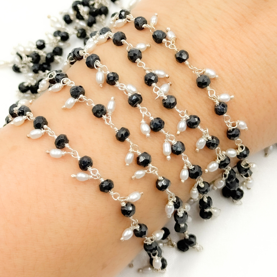 Black Spinel & Pearl Dangle 925 Sterling Silver Wire Chain
