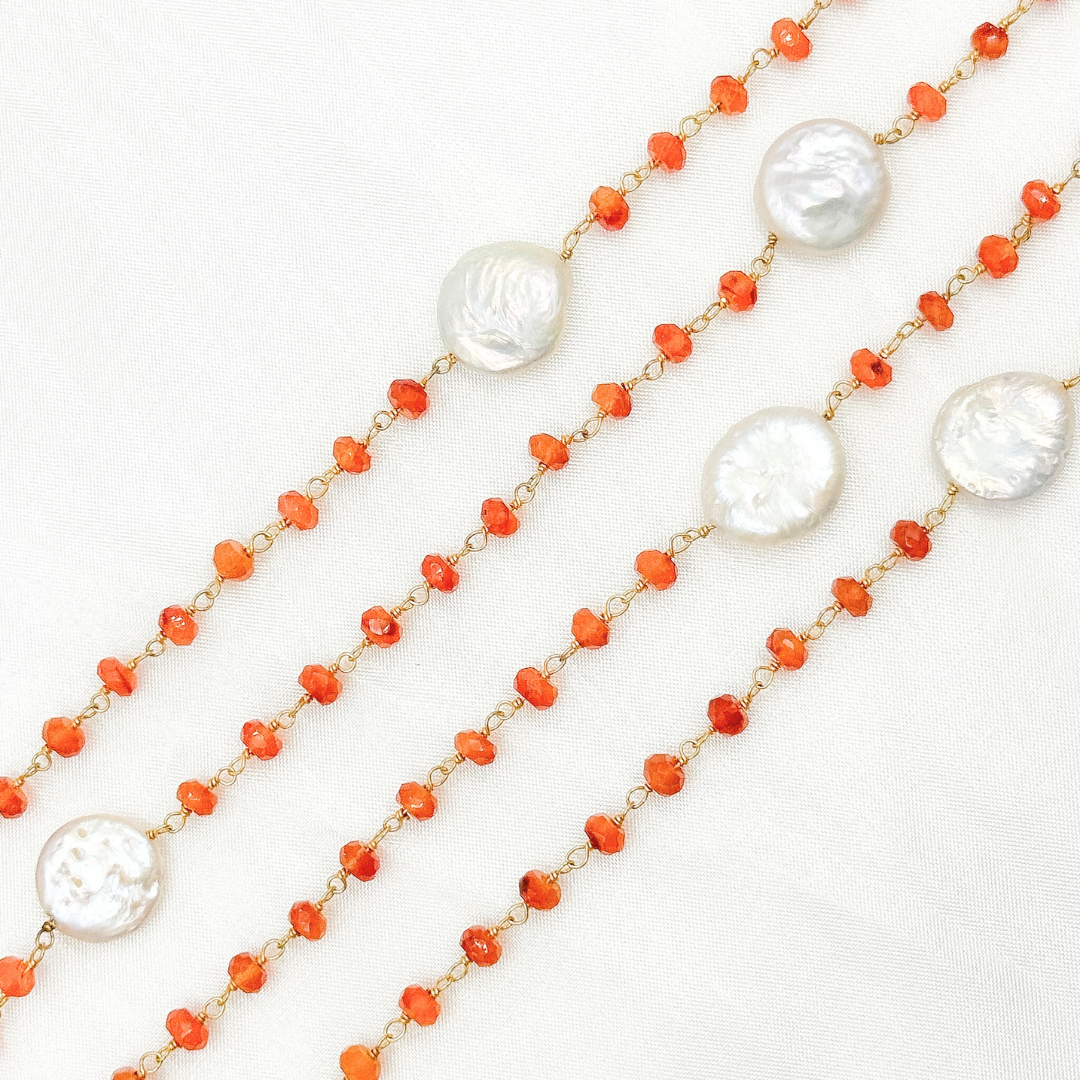 Carnelian & Pearl Round Shape Bezel Gold Plated Wire Chain.