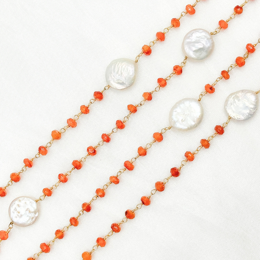Carnelian & Pearl Round Shape Bezel Gold Plated Wire Chain.