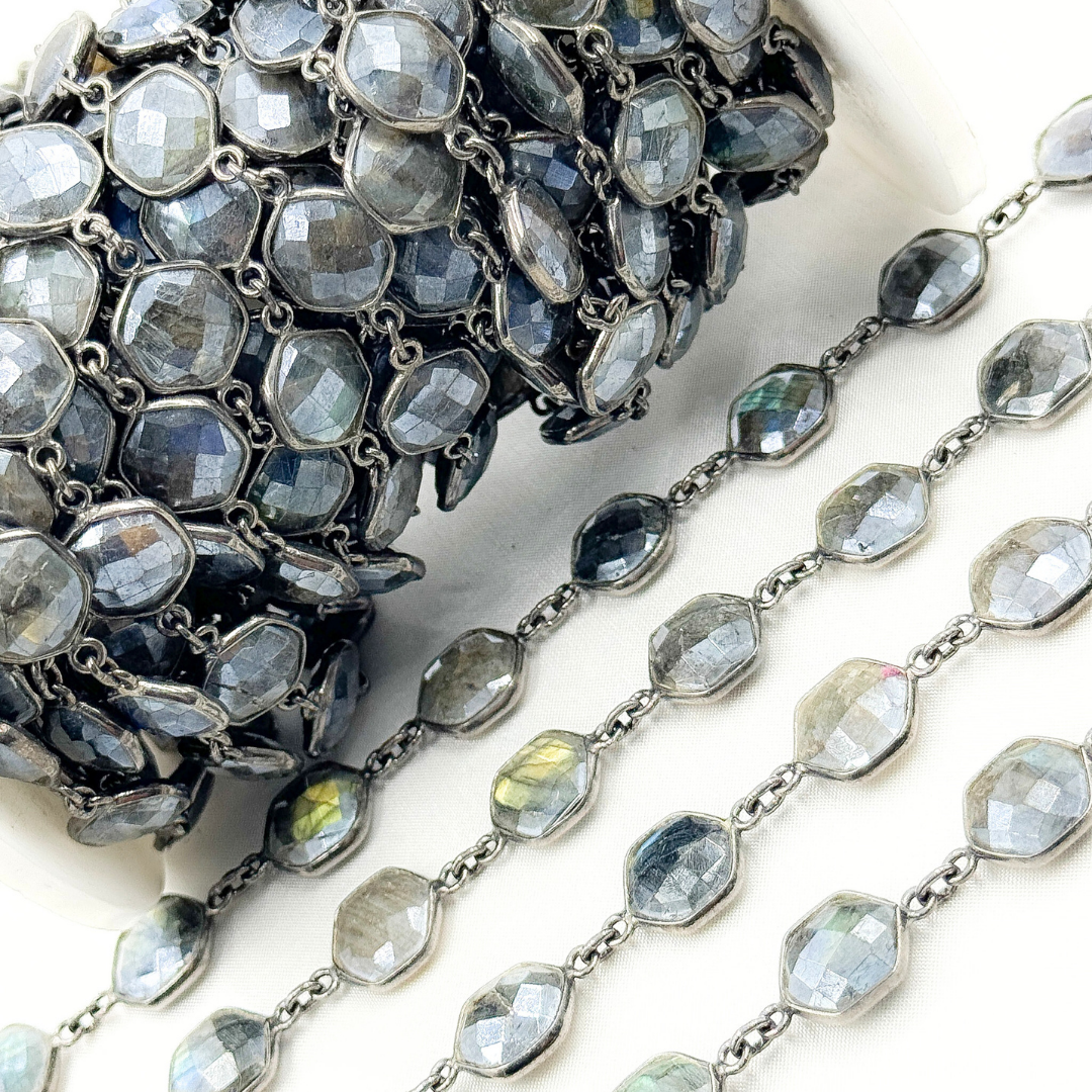 Coated Labradorite Hexagon Shape Bezel Oxidized Wire Chain