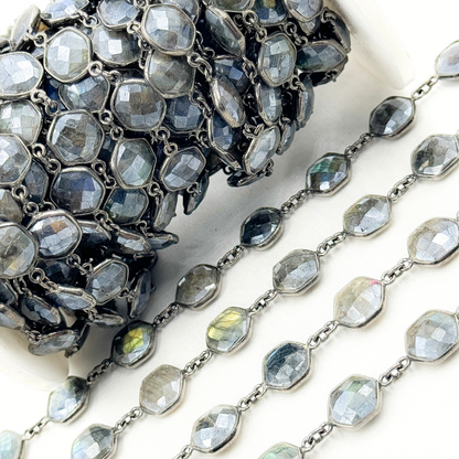Coated Labradorite Hexagon Shape Bezel Oxidized Wire Chain