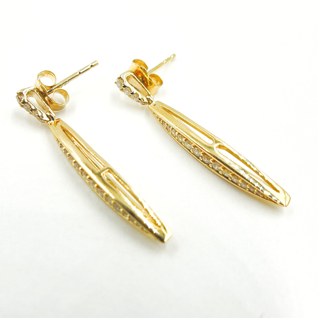 14K Solid Gold and Diamonds Rhomb Dangle Earrings