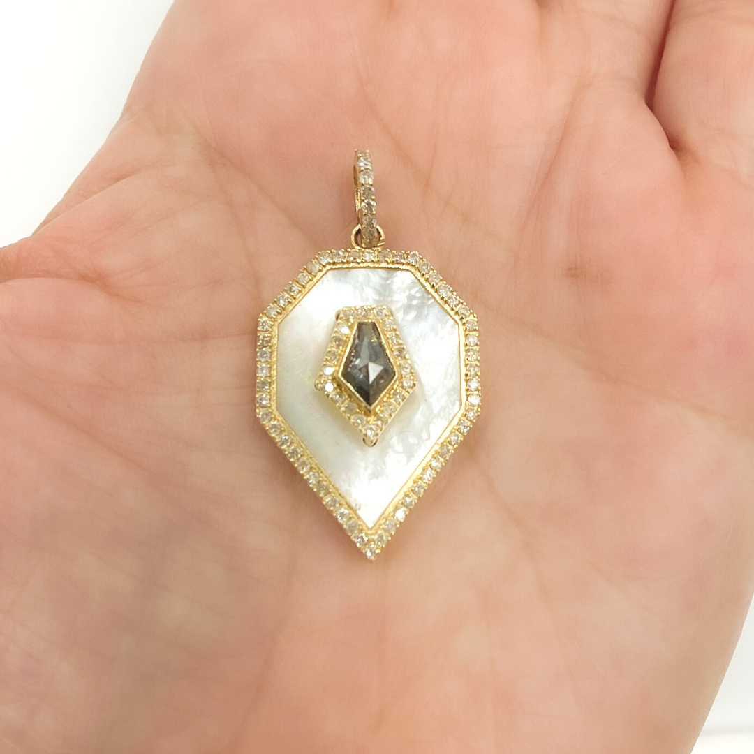 KG16MOP. 14K Solid Gold Diamonds and Mother Pearl Stone Charm