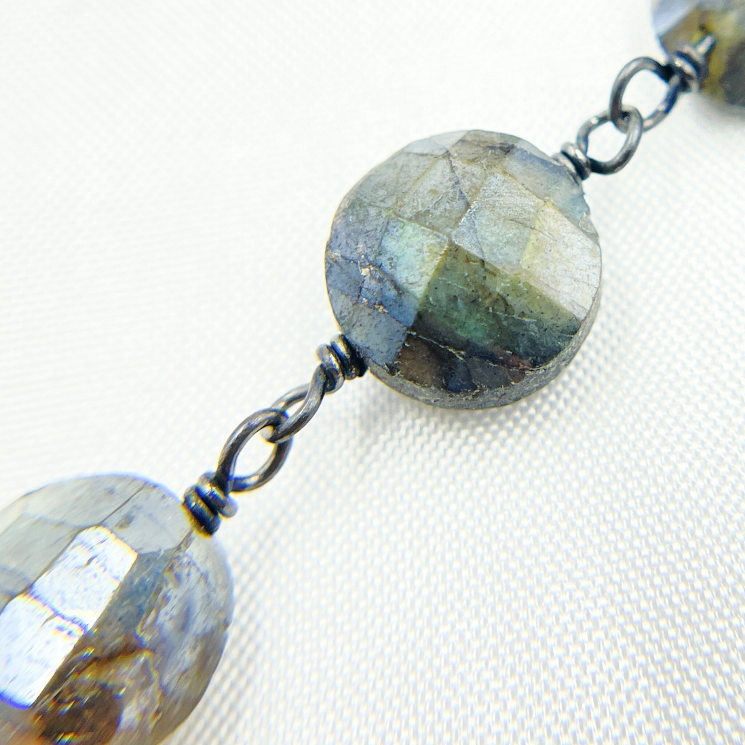 Coated Labradorite Coin Shape Oxidized Wire Chain. CLB56