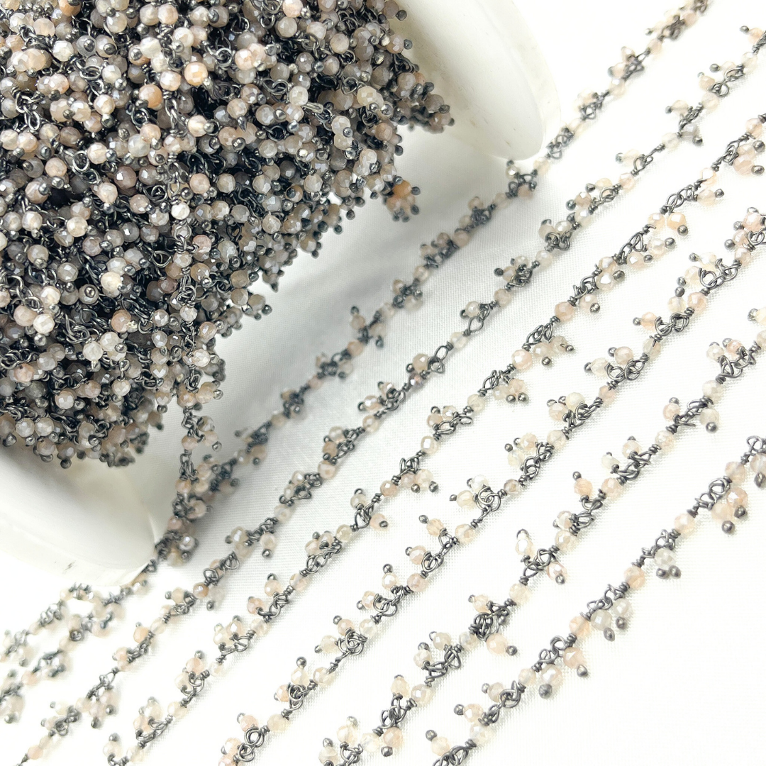Coated Peach Moonstone Cluster Dangle Oxidized Wire Chain.