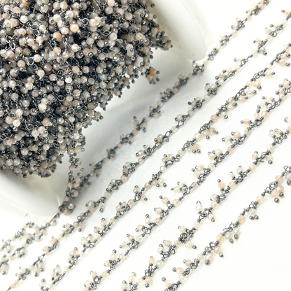 Coated Peach Moonstone Cluster Dangle Oxidized Wire Chain.