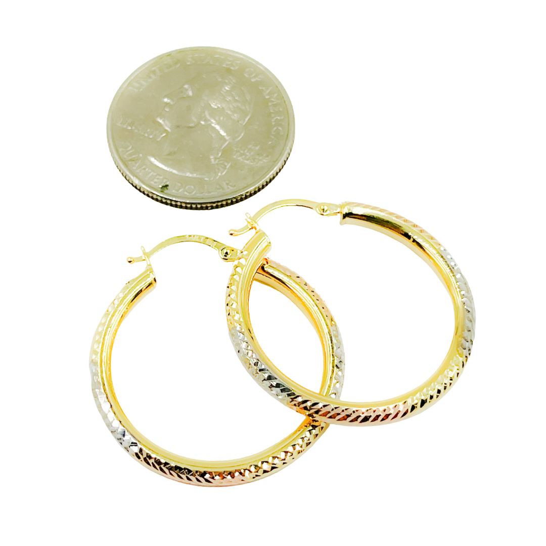14K Solid Tri-Tone Gold Earrings Circle Shape Hoop.
