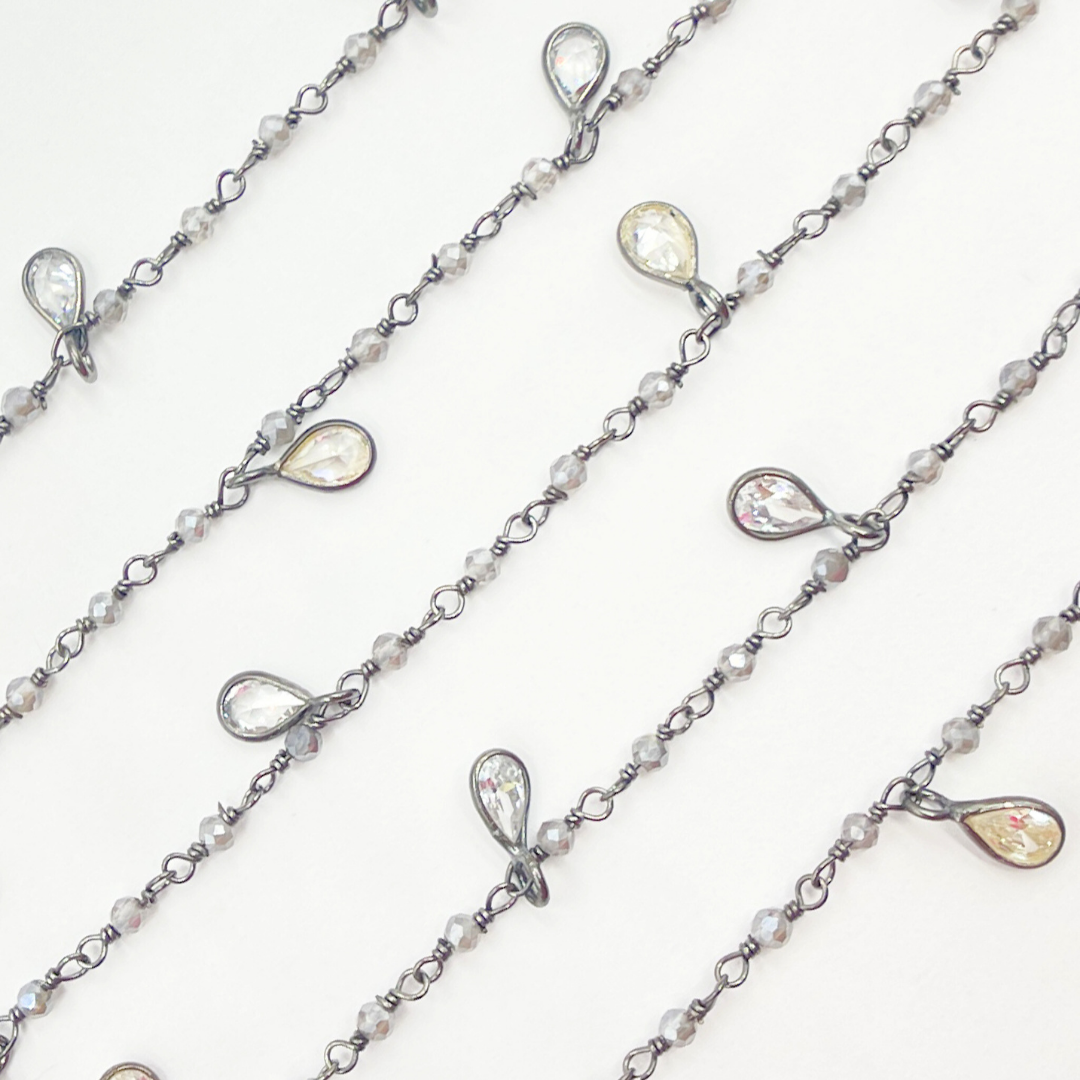 Coated Grey Moonstone & CZ Dangle Oxidized Wire Chain.
