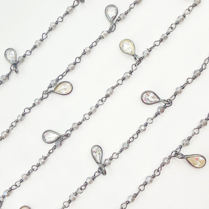 Coated Grey Moonstone & CZ Dangle Oxidized Wire Chain.