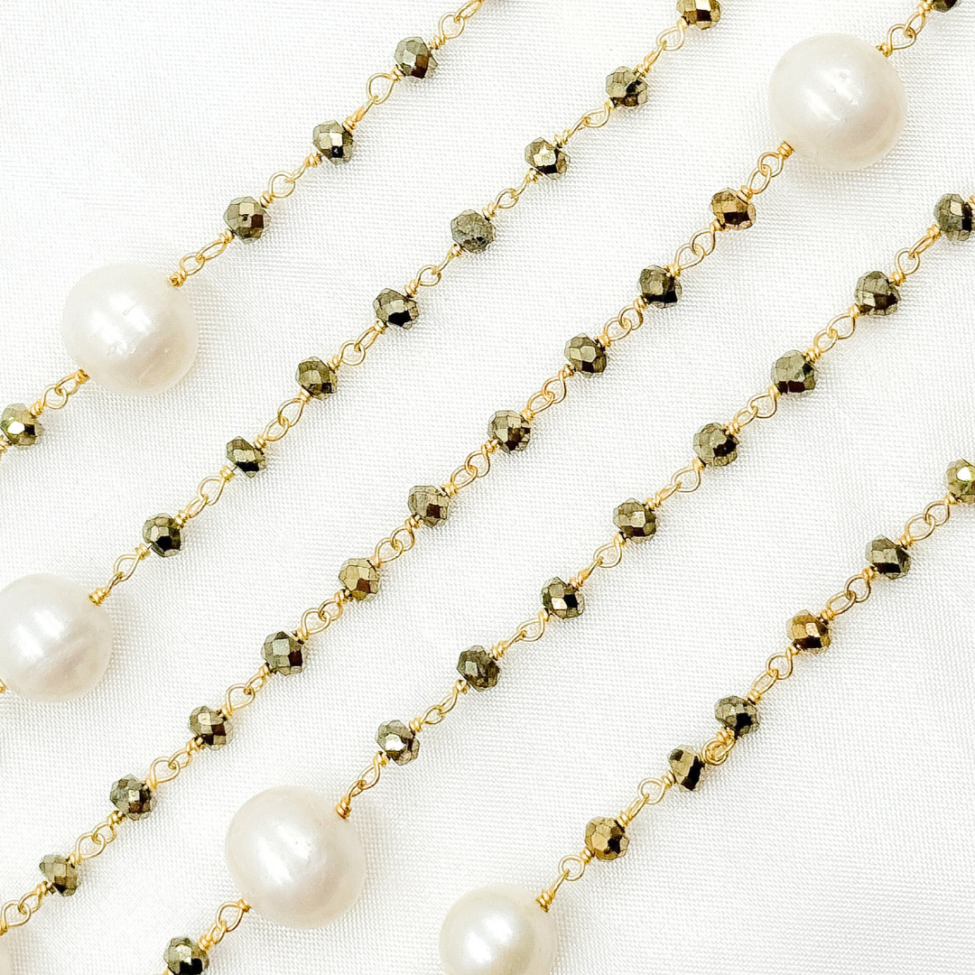 Pyrite & Pearl Gold Plated 925 Sterling Silver Wire Chain.