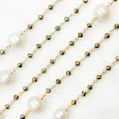 Pyrite & Pearl Gold Plated 925 Sterling Silver Wire Chain.