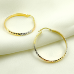 Load image into Gallery viewer, 14K Gold Tri-Color Hoop Earrings with Engraved Tornado Design. 