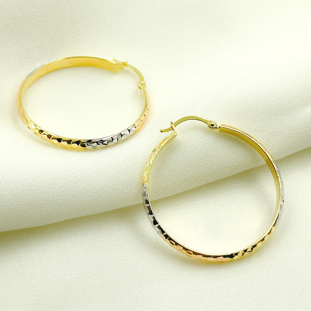 14K Gold Tri-Color Hoop Earrings with Engraved Tornado Design. 
