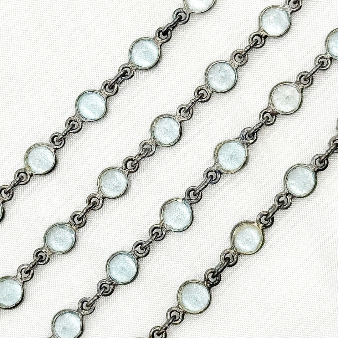 Sky Blue Topaz Round Shape Bezel Oxidized Wire Chain.