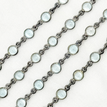 Sky Blue Topaz Round Shape Bezel Oxidized Wire Chain.