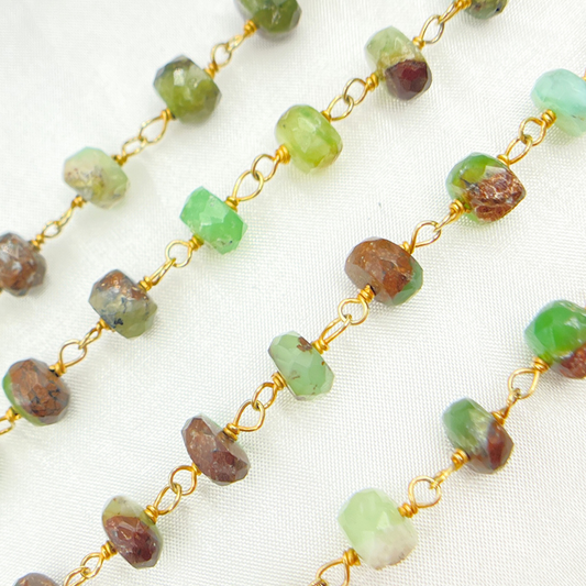 Two Tone Chrysoprase Rondel Shape Gold Plated Wire Chain.