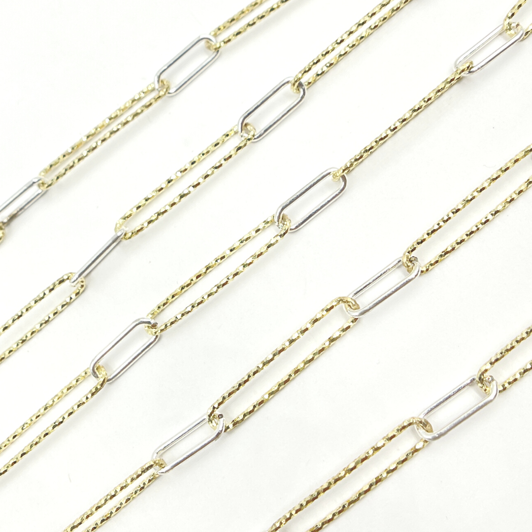 V3GS1. Sterling Silver Smooth & Gold Plated Diamond Cut Paperclip Chain