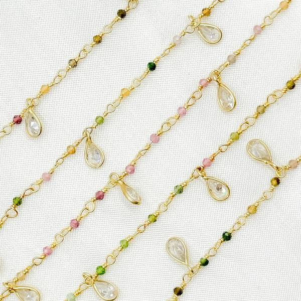 Multi Tourmaline & CZ Dangle Gold Plated Wire Chain