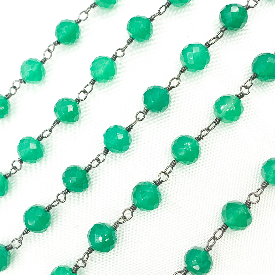 Green Onyx Rondel Faceted Shape Oxidized Wire Chain