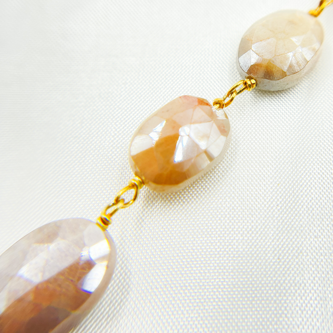 Coated Peach Oval Moonstone Gold Plated Wire Chain. CMS77