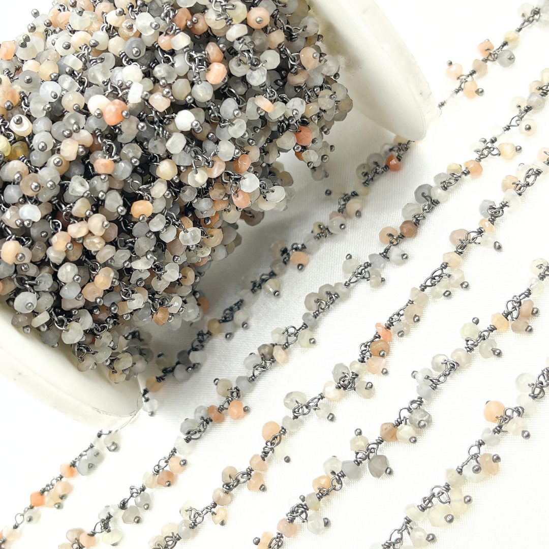 Multi Moonstone Cluster Dangle Oxidized Wire Chain.
