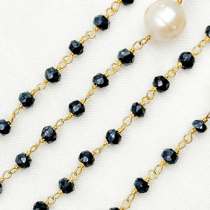 Coated Black Spinel & Pearl Gold Plated Wire Chain.