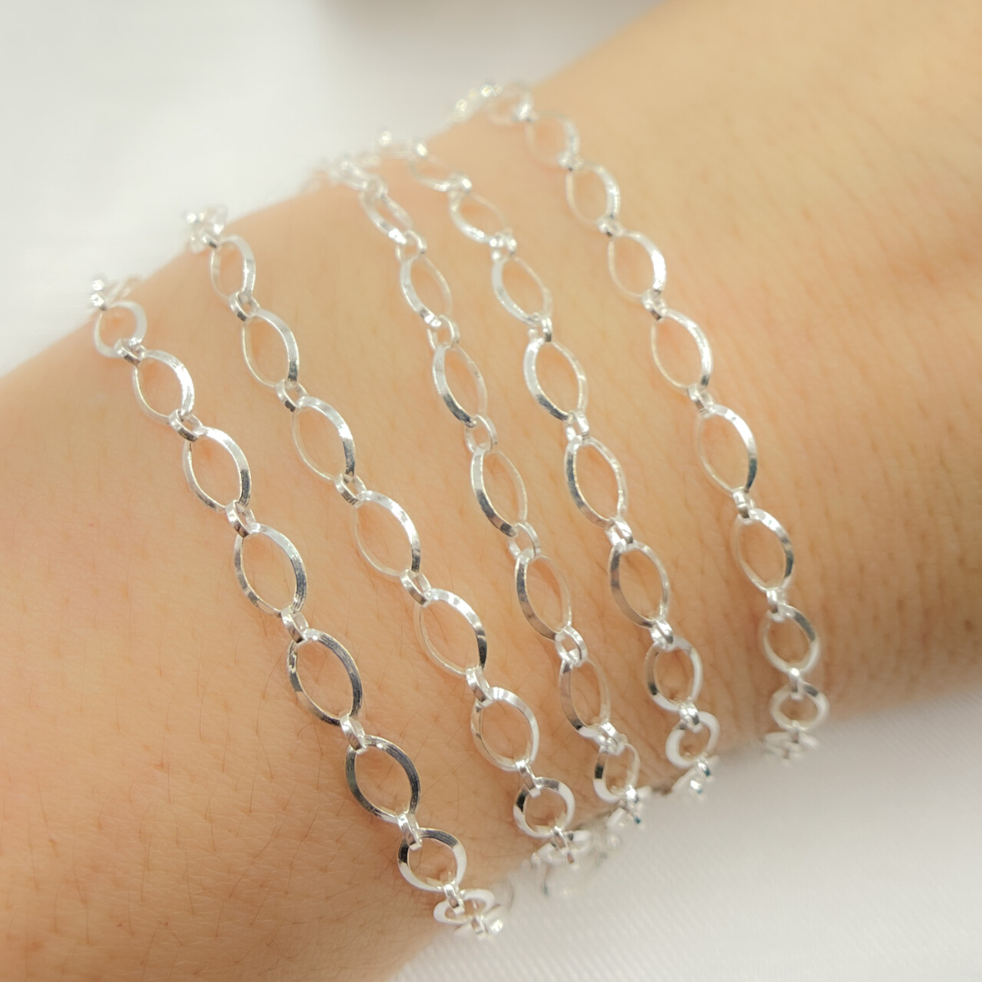 V177SS. Sterling Silver Diamond Cut Oval & Flat Round Link Chain