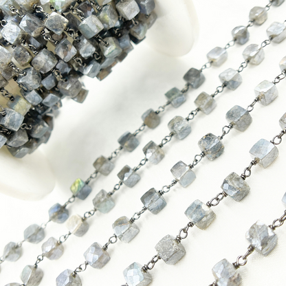Coated Labradorite Cube Shape Oxidized Wire Chain