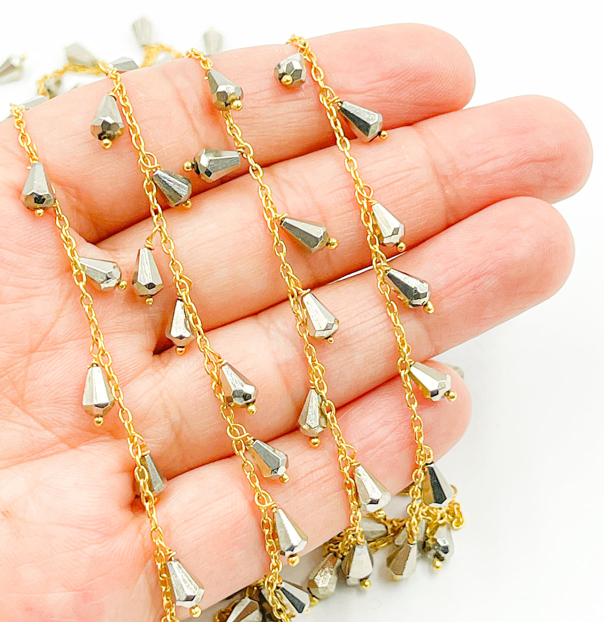 Steel Pyrite Drop Dangle Gold Plated Wire Chain.