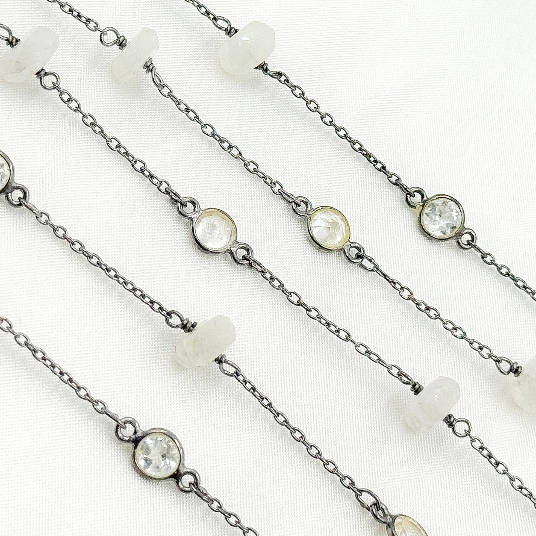 Moonstone Rondel Shape & White Topaz Oxidized Connected Wire Chain.