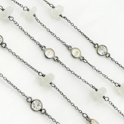 Moonstone Rondel Shape & White Topaz Oxidized Connected Wire Chain.