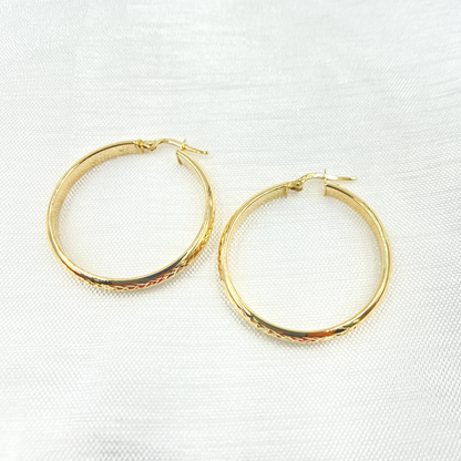14K Solid Gold Hollow Diamond Cut Hoop