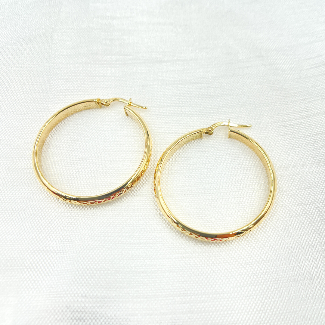 14K Solid Gold Hollow Diamond Cut Hoop